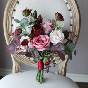 Red Wine, Purple & Pink Roses Silk Flower Bouquet