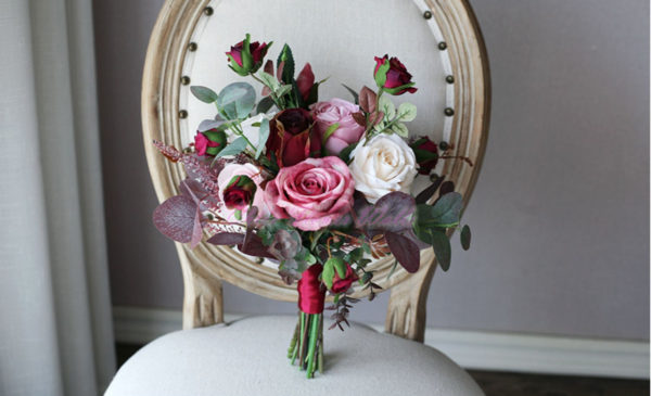 Red Wine, Purple & Pink Roses Silk Flower Bouquet