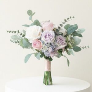 Light Blue Purple, Pink Roses Silk Flower Bouquet