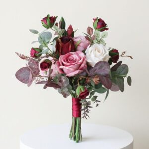 Red Wine, Purple & Pink Roses Silk Wedding Bouquet | Elegant Bridal Flowers