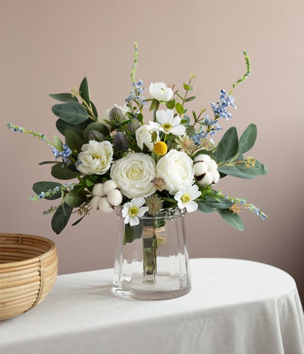 White Roses, Daisy, Blue Larkspur Blue Flowers