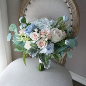 Light Blue & Champagne Roses Silk Flower Bouquet