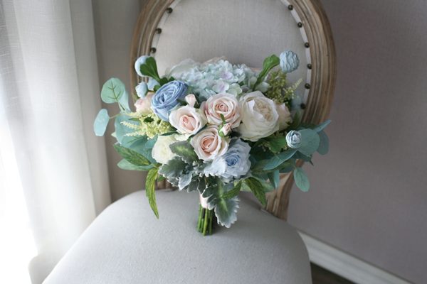 Light Blue & Champagne Roses Silk Flower Bouquet