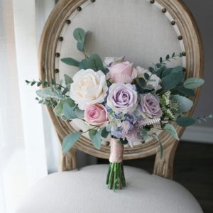 Light Blue Purple, Pink Roses Silk Flower Bouquet