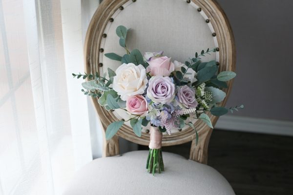 Light Blue Purple, Pink Roses Silk Flower Bouquet