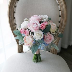 Light Blue Pink Roses Silk Flower Bouquet