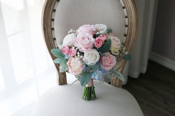 Light Blue Pink Roses Silk Flower Bouquet