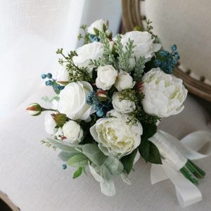 Elegant Pure White Roses & Berry Silk Flower Bouquet