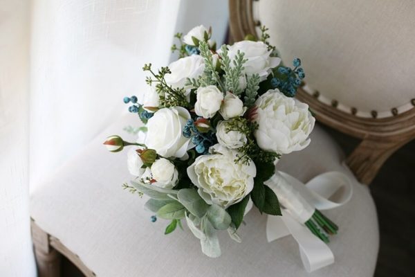 Elegant Pure White Roses & Berry Silk Flower Bouquet