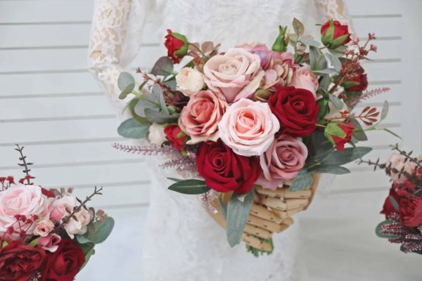 Dark Red & Pink Rose Silk Flower Bouquet Package - Image 3