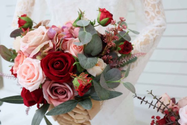 Dark Red & Pink Rose Silk Flower Bouquet Package - Image 4