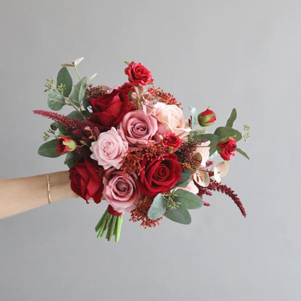 Dark Red & Pink Rose Silk Flower Bouquet Package - Image 6