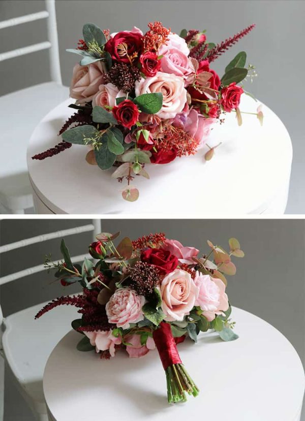 Dark Red & Pink Rose Silk Flower Bouquet Package - Image 7