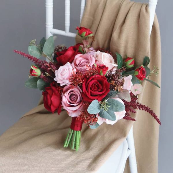 Dark Red & Pink Rose Silk Flower Bouquet Package - Image 14