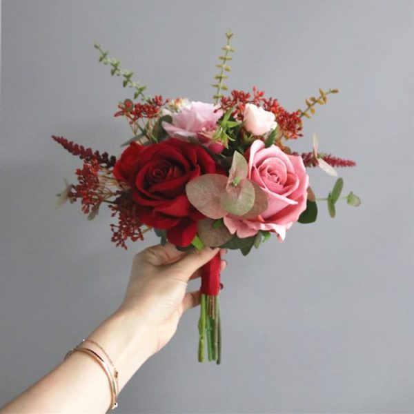 Dark Red & Pink Rose Silk Flower Bouquet Package - Image 11