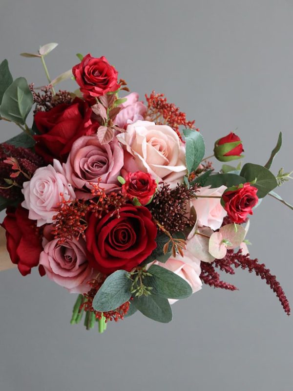 Dark Red & Pink Rose Silk Flower Bouquet Package - Image 15