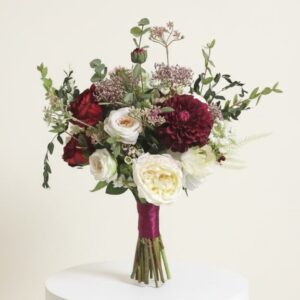 Burgundy, Red Wine Dahlia, White Roses, Wild Blooms Silk Flower Bouquet