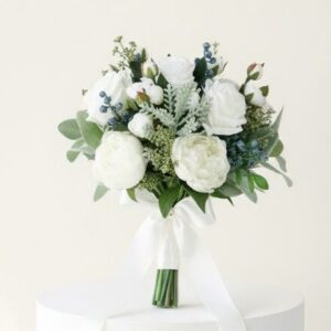 Elegant Pure White Roses & Berry Silk Flower Bouquet
