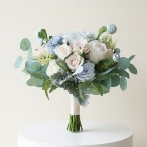 Pastel Blue Hydrangea & Blush Rose Bridal Bouquet