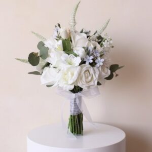 Elegant Real Touch White Rose & Blue Accent Bridal Bouquet